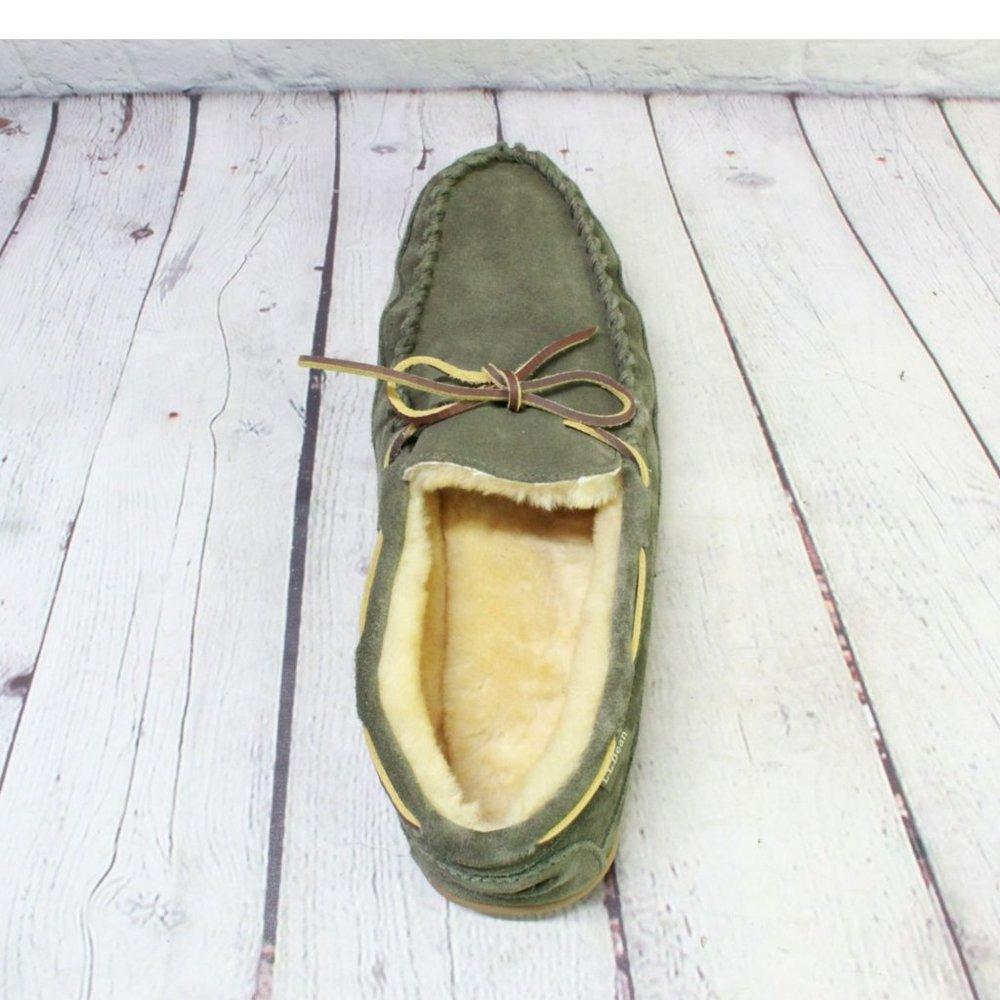 LL Bean Green Suede Wicked Good Shearling Lined Moccasin Slippers Size 12 - Picture 8 of 9
